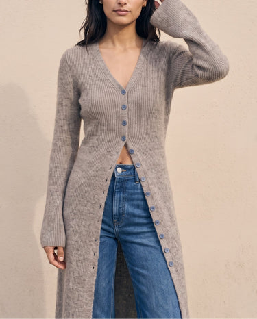 Claudia Maxi Cardigan in khaki with jeans — cropped front view showing the fitted knit silhouette