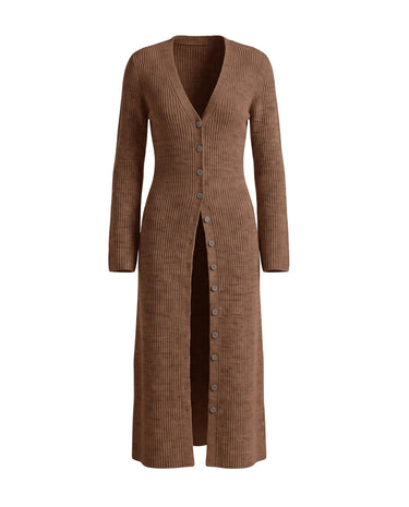 Claudia Maxi Cardigan in brown — longline button-front ribbed knit cardigan, flat lay