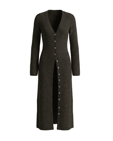 Claudia Maxi Cardigan in black — longline button-front ribbed knit cardigan, flat lay