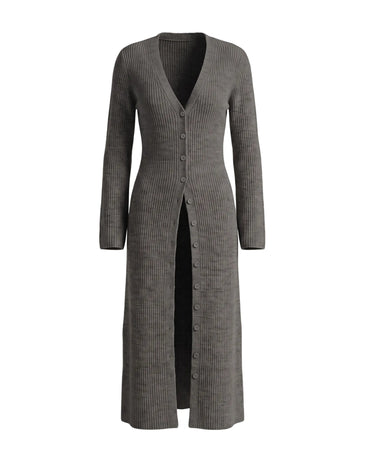 Claudia Maxi Cardigan in gray — longline button-front ribbed knit cardigan, flat lay