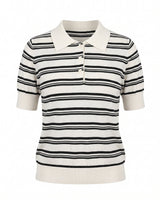 Cosetta Polo in white — fine-knit striped polo with a cream collar and ribbed hem, flat-lay