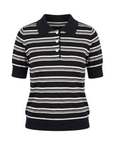 Cosetta Polo in navy blue — fine-knit striped polo with a navy collar and ribbed hem, flat-lay