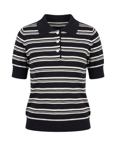 Cosetta Polo in navy blue — fine-knit striped polo with a navy collar and ribbed hem, flat-lay