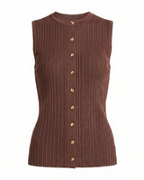 Cosima Tank in Brown — ribbed knit button-front tank with scalloped hem, flat lay – Moriel Heritage