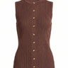 Cosima Tank in Brown — ribbed knit button-front tank with scalloped hem, flat lay – Moriel Heritage