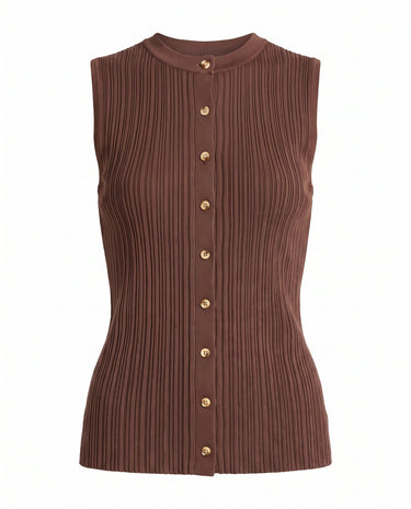Cosima Tank in Brown — ribbed knit button-front tank with scalloped hem, flat lay – Moriel Heritage