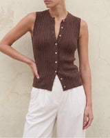 Brown Cosima Tank on model with white trousers, front view – Moriel Heritage