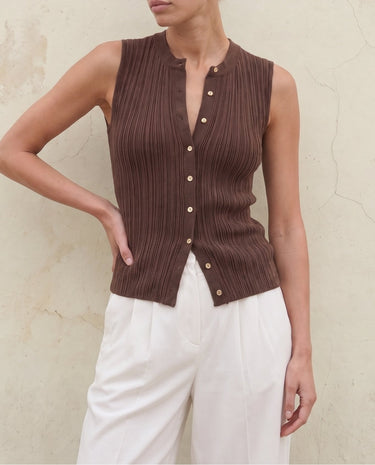 Brown Cosima Tank on model with white trousers, front view – Moriel Heritage