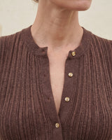 Cosima Tank, round neck and gold-tone button close-up – Moriel Heritage