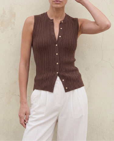 Brown Cosima Tank on model, relaxed front view – Moriel Heritage