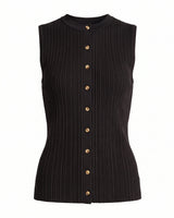 Cosima Tank in Black — ribbed knit button-front tank, flat lay – Moriel Heritage