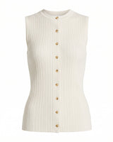 Cosima Tank in White — ribbed knit button-front tank, flat lay – Moriel Heritage