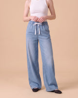 Isla Stretch Denim Jeans in Steel Blue - wide leg pull-on stretch denim on model