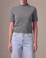 Nora Knit Tee in gray, front view showing rolled mock neck and short sleeves