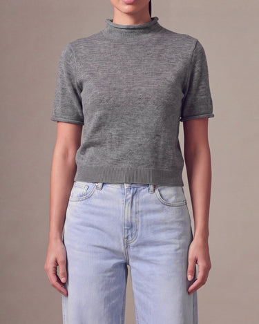 Nora Knit Tee in gray, front view showing rolled mock neck and short sleeves