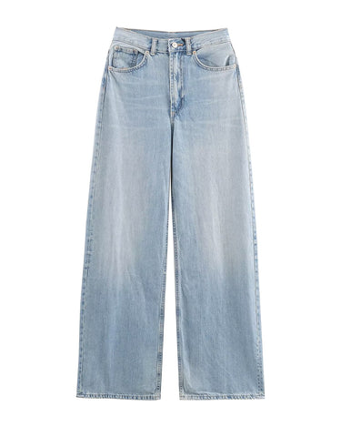Delphine Wide Leg Jeans in light wash, flat lay on white