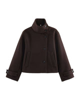 Ottilie Funnel Jacket in dark brown, front flat lay on white