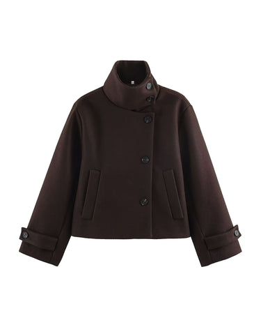 Ottilie Funnel Jacket in dark brown, front flat lay on white