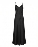 Eclipse Satin Dress in black, flat-lay of the bias-cut satin slip maxi dress with a V neckline and fine adjustable straps