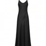 Eclipse Satin Dress in black, flat-lay of the bias-cut satin slip maxi dress with a V neckline and fine adjustable straps