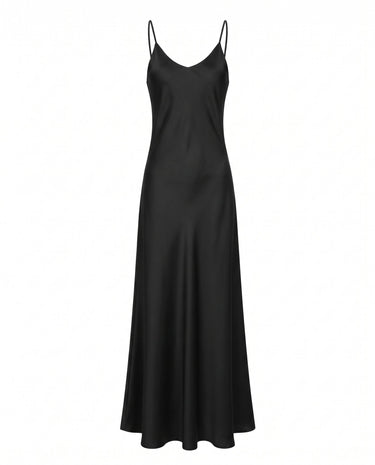 Eclipse Satin Dress in black, flat-lay of the bias-cut satin slip maxi dress with a V neckline and fine adjustable straps
