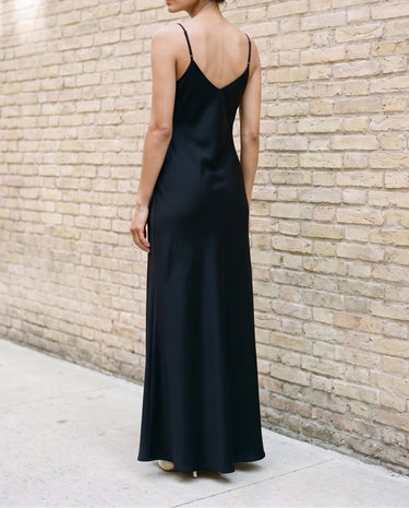 Back view of the black Eclipse Satin Dress showing the low V back and slim shoulder straps