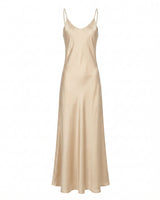 Eclipse Satin Dress in champagne, flat-lay of the bias-cut satin slip maxi dress with a V neckline and fine straps