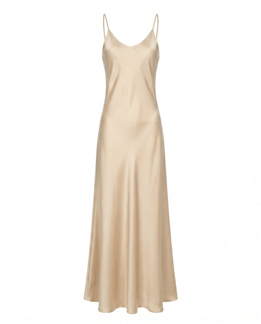 Eclipse Satin Dress in champagne, flat-lay of the bias-cut satin slip maxi dress with a V neckline and fine straps