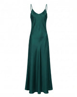 Eclipse Satin Dress in teal, flat-lay of the deep green satin slip maxi dress with a V neckline and fine straps