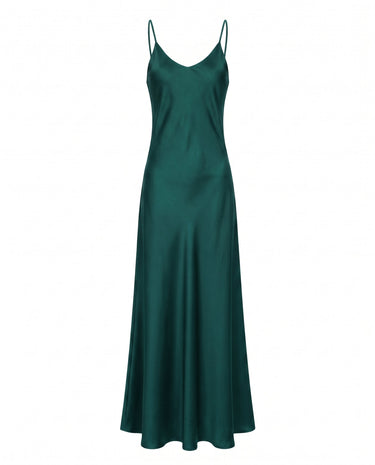 Eclipse Satin Dress in teal, flat-lay of the deep green satin slip maxi dress with a V neckline and fine straps