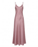 Eclipse Satin Dress in pink, flat-lay of the dusty rose satin slip maxi dress with a V neckline and fine straps