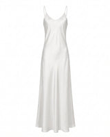 Eclipse Satin Dress in white, flat-lay of the ivory satin slip maxi dress with a V neckline and fine straps
