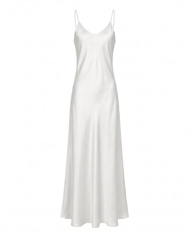 Eclipse Satin Dress in white, flat-lay of the ivory satin slip maxi dress with a V neckline and fine straps