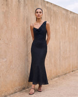 The Elowen Polka Dot Dress in black polka dot — slip maxi dress, front view on model