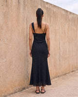 The Elowen Polka Dot Dress in black polka dot — slip maxi dress, back view on model