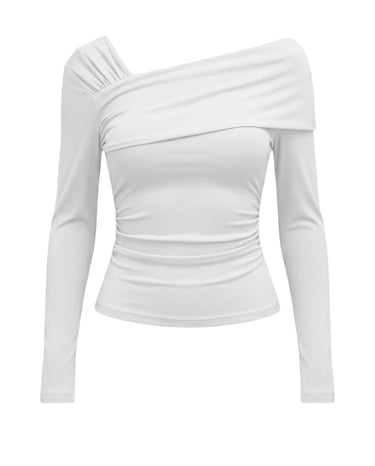 White long-sleeve top with an asymmetric draped one-shoulder neckline, flat lay on white – Moriel Heritage