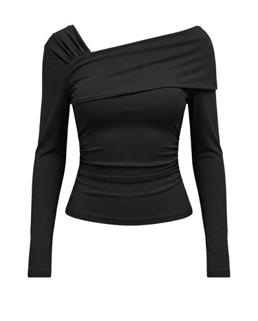 Black long-sleeve top with an asymmetric draped one-shoulder neckline, flat lay on white – Moriel Heritage