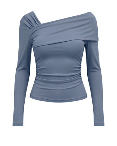 Blue long-sleeve top with an asymmetric draped one-shoulder neckline, flat lay on white – Moriel Heritage