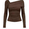 Brown long-sleeve top with an asymmetric draped one-shoulder neckline, flat lay on white – Moriel Heritage