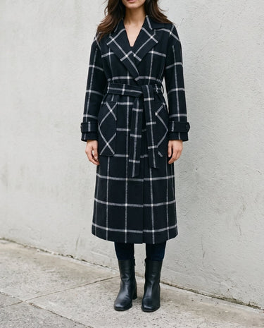 The Emilia Grid Longline Coat in black windowpane check — longline coat, front view on model