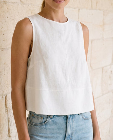 Everyday Ease Swing Top in white — sleeveless crew-neck swing top, front view on model