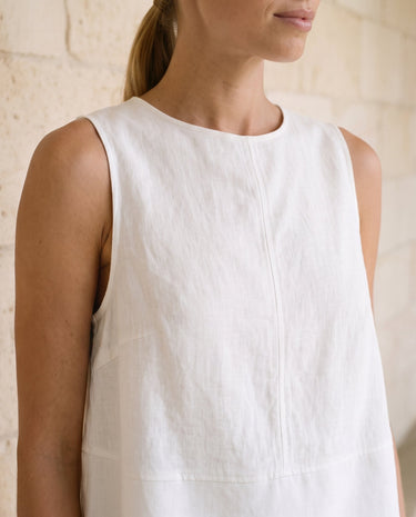 Everyday Ease Swing Top in white — close-up of crew neckline and swing hem