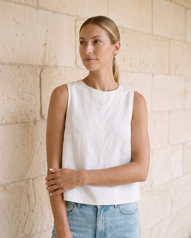Everyday Ease Swing Top in white — crew-neck swing top, front styling view on model