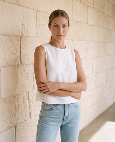 Everyday Ease Swing Top in white — sleeveless swing top, front view on model