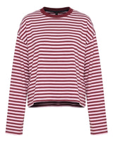 Everyday Stripe in burgundy and pink — boxy striped long-sleeve top with ribbed contrast collar, flat lay