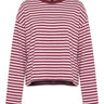 Everyday Stripe in burgundy and pink — boxy striped long-sleeve top with ribbed contrast collar, flat lay