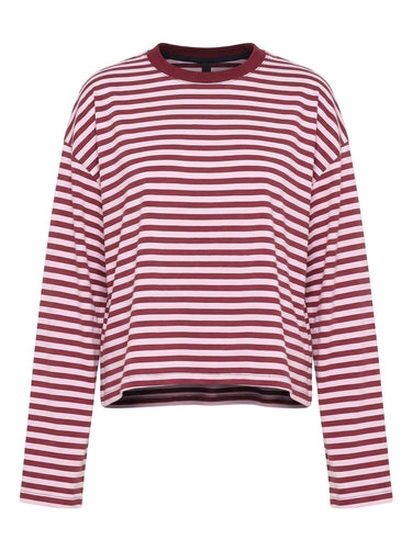 Everyday Stripe in burgundy and pink — boxy striped long-sleeve top with ribbed contrast collar, flat lay