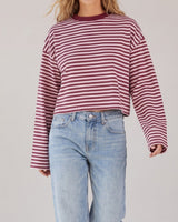 Everyday Stripe in burgundy and pink — cropped boxy stripe top with drop shoulders, front view on model