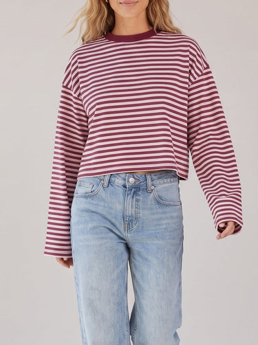 Everyday Stripe in burgundy and pink — cropped boxy stripe top with drop shoulders, front view on model