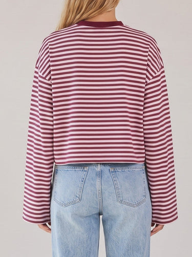 Everyday Stripe in burgundy and pink — back view on model showing the straight boxy hem
